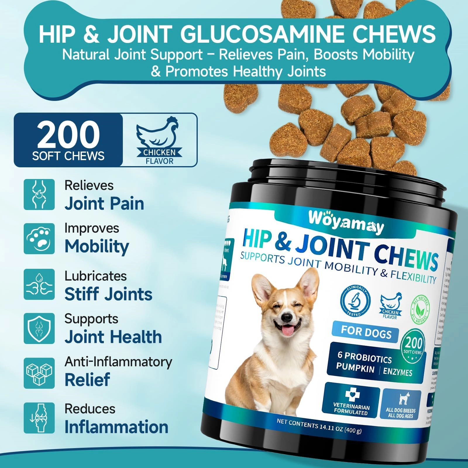 Probiotics & Hip/Joint Supplement Soft Chews for Dogs (Chicken Flavor)